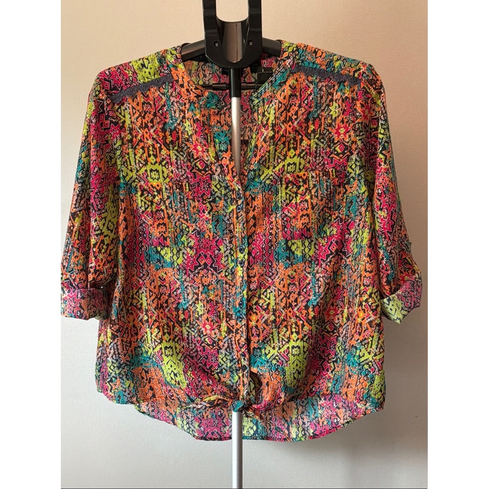 Westbound Petite XL Multicolor Tie Front Top Boho Maximalist Festival Blouse